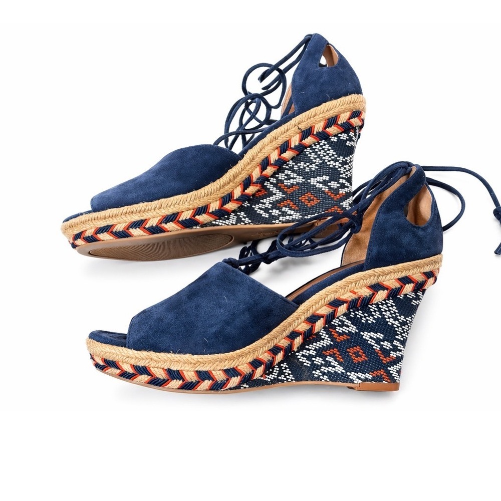Cabi Maravilla Wedge Sandals Navy Blue Suede Lace Up Espadrille Boho 5275 SZ 6